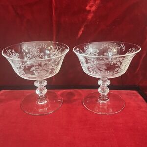 set of 2 Heisey Etched glass Orchid sherbets Champagne goblets